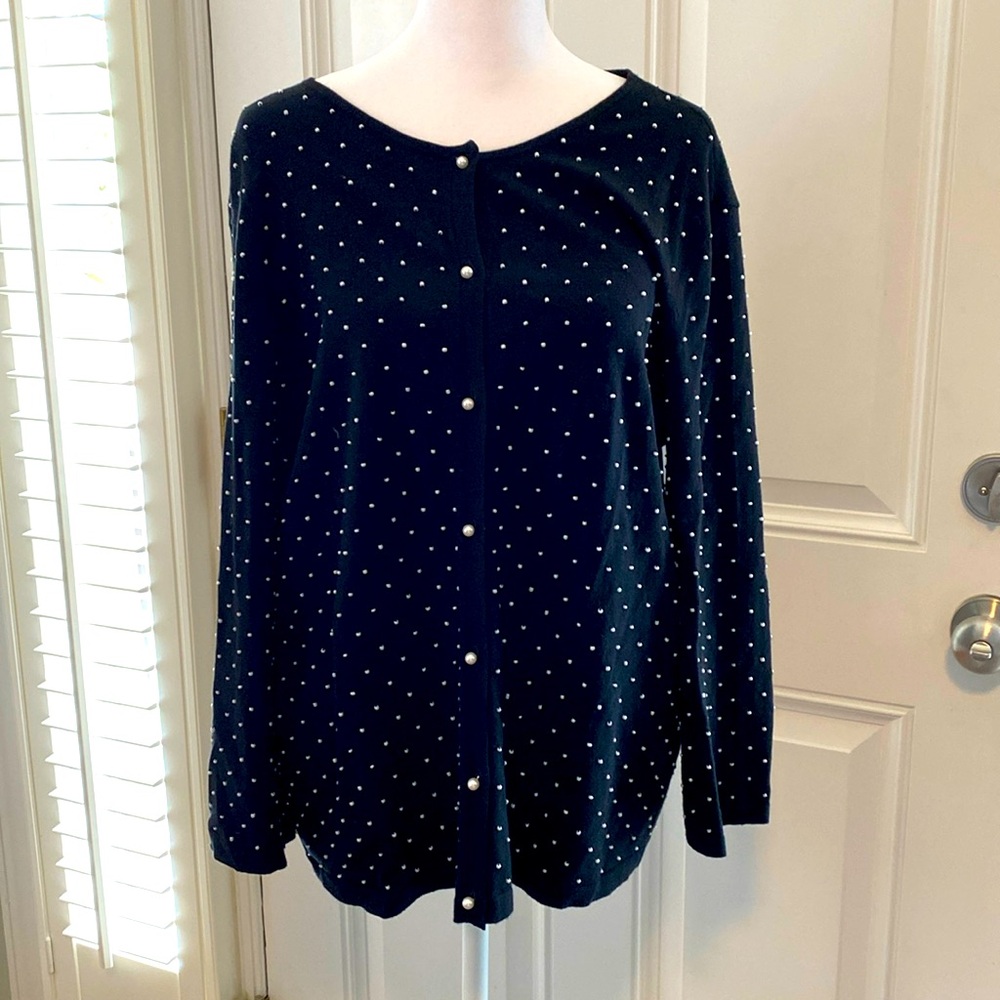 Jones New York black  cardigan with white seed pearls sewn on and pearl buttons